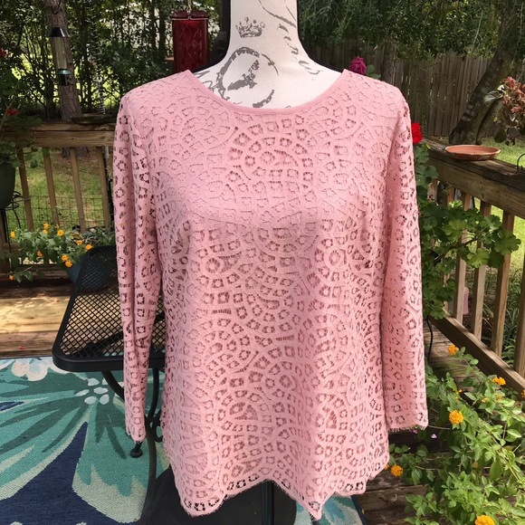 J. Crew Blush Pink Lace Cotton Blend Lined Three Quarter Sleeved Blouse Size 14 - Picture 10 of 10